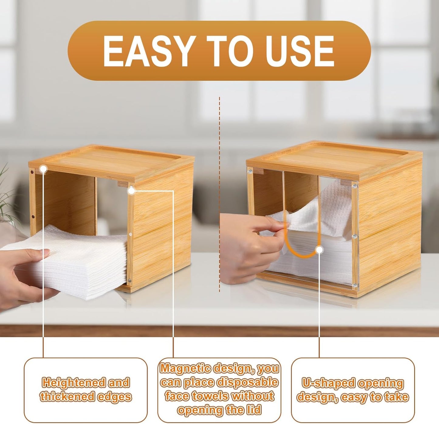 Chunful Disposable Face Towel Holder Box with Bamboo Lid, Acrylic Cosmetic Facial Towel Storage Container for Disposable Makeup Wipes Bathroom Vanity Countertop(Magnetic Connection)