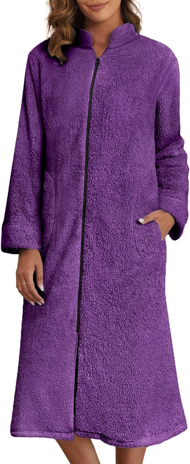 Ekouaer Women's Zip Up Robe Fleece Bathrobe Long Zipper Lounger Warm Housecoat Long Sleeve Nightgown with Pockets S-XXL