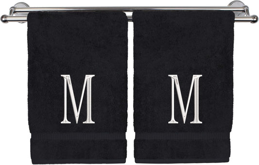 Monogrammed Hand Towel, Personalized Initial Gift, Extra Absorbent 100% Turkish Cotton - Soft Terry Finish - Set of 2 - White Block Initial M - Embroidered on Black Towels