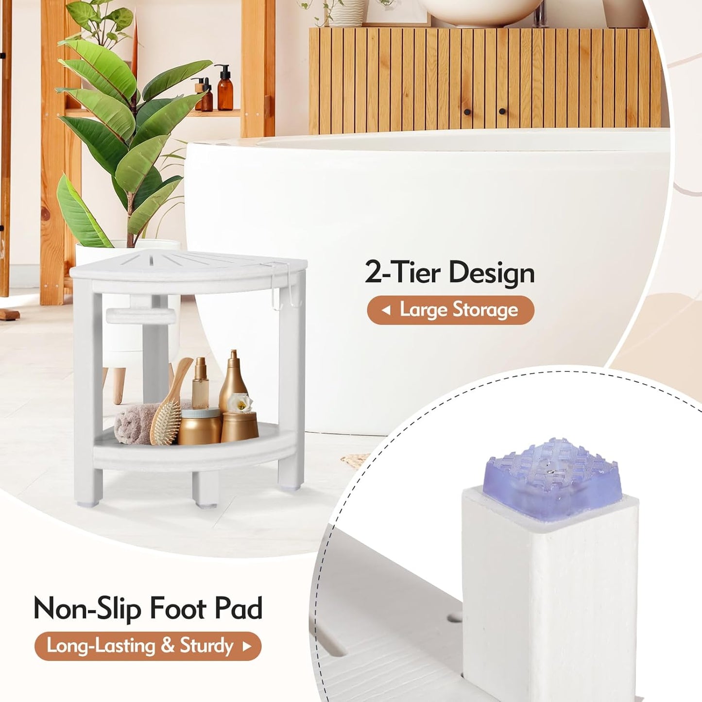 2-Tier Corner Shower Stool with Hooks & Soap Dish, HDPE Shower Bench for Shaving Legs, Wood-Like Shower Stool for Inside Shower with Non-Slip Foot Pads, Waterproof Shower Foot Rest (White)