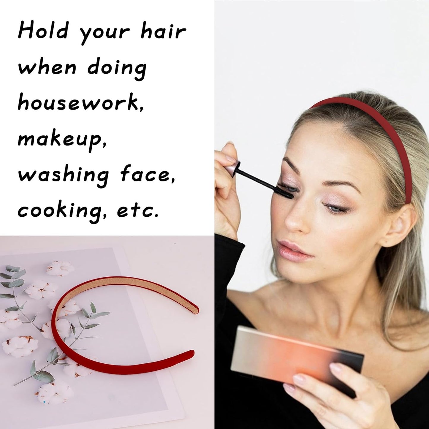 Wecoe Red Narrow Satin Headbands, 10pcs Non Slip Fashion Hair Bands for Women & Girls' Hair - Holiday & DIY Costume Accessories