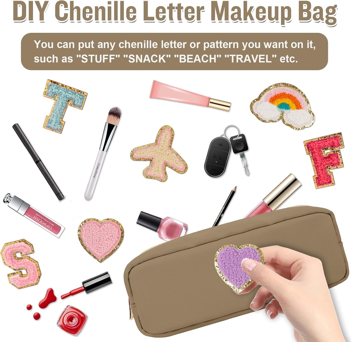 IZUZTA Nylon Slim Makeup Bag, Preppy Cute Makeup Brush Case Bag, Waterproof Travel Toiletry Bag Clutch Coin Pouch Make Up Organizer for Women Girls (Khaki)