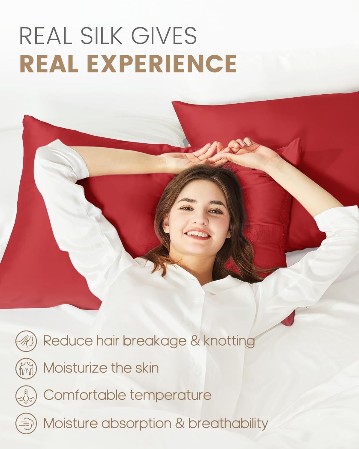 THXSILK 100% Silk Pillowcase for Hair and Skin, Both Sides Grade 6A+ Natural Mulberry Silk Pillow Case with Hidden Zipper, Soft and Smooth Red Pillowcase(1pc, Queen Size 20"x30")
