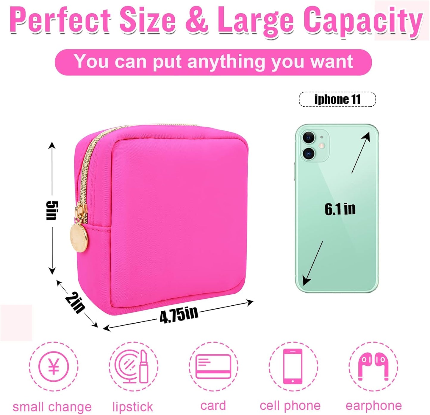 Nylon Mini Makeup Bag for Purse, Preppy Small Cute Makeup Bag Cosmetic Zipper Pouch Purse, Waterproof Travel Coin Pouch Sanitary Napkin Storage Bag Clutch Make Up Organizer for Women Girls(Hot Pink)