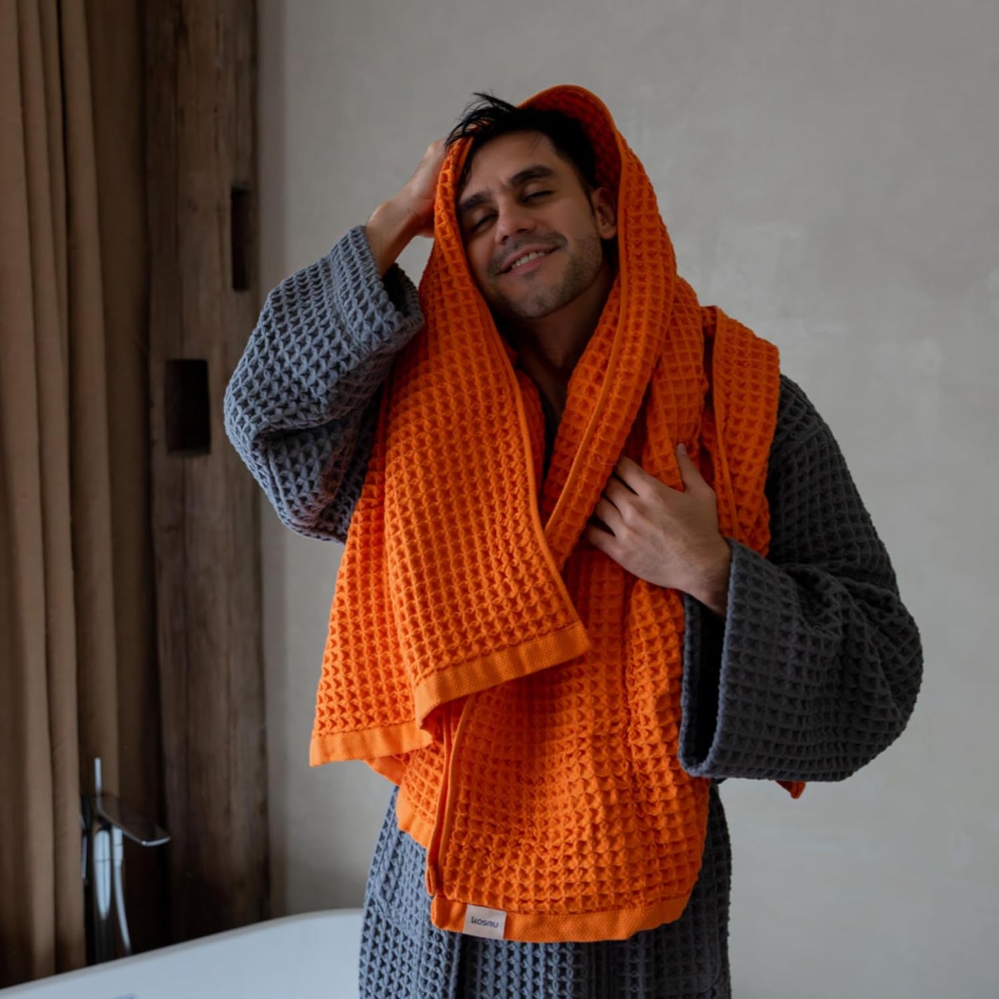 Luxury Japanese Cotton Silk Waffle Bath Towel | Plush, Absorbent, and Quick Dry (Coral Orange, Hand Towel (3 Pack))