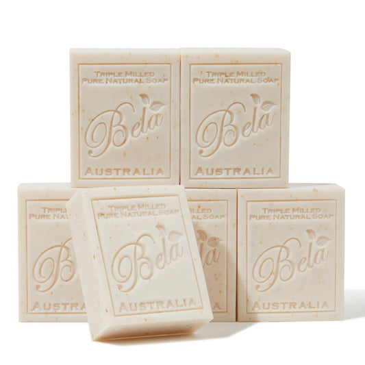 BELA Oatmeal Soap with Milk and Bran 3.3 OZ, Pack of 6, Long Lasting French Triple Milled Bar Soap with Organic Shea Butter, Hand, Face and Body Wash Bars, Made in Australia
