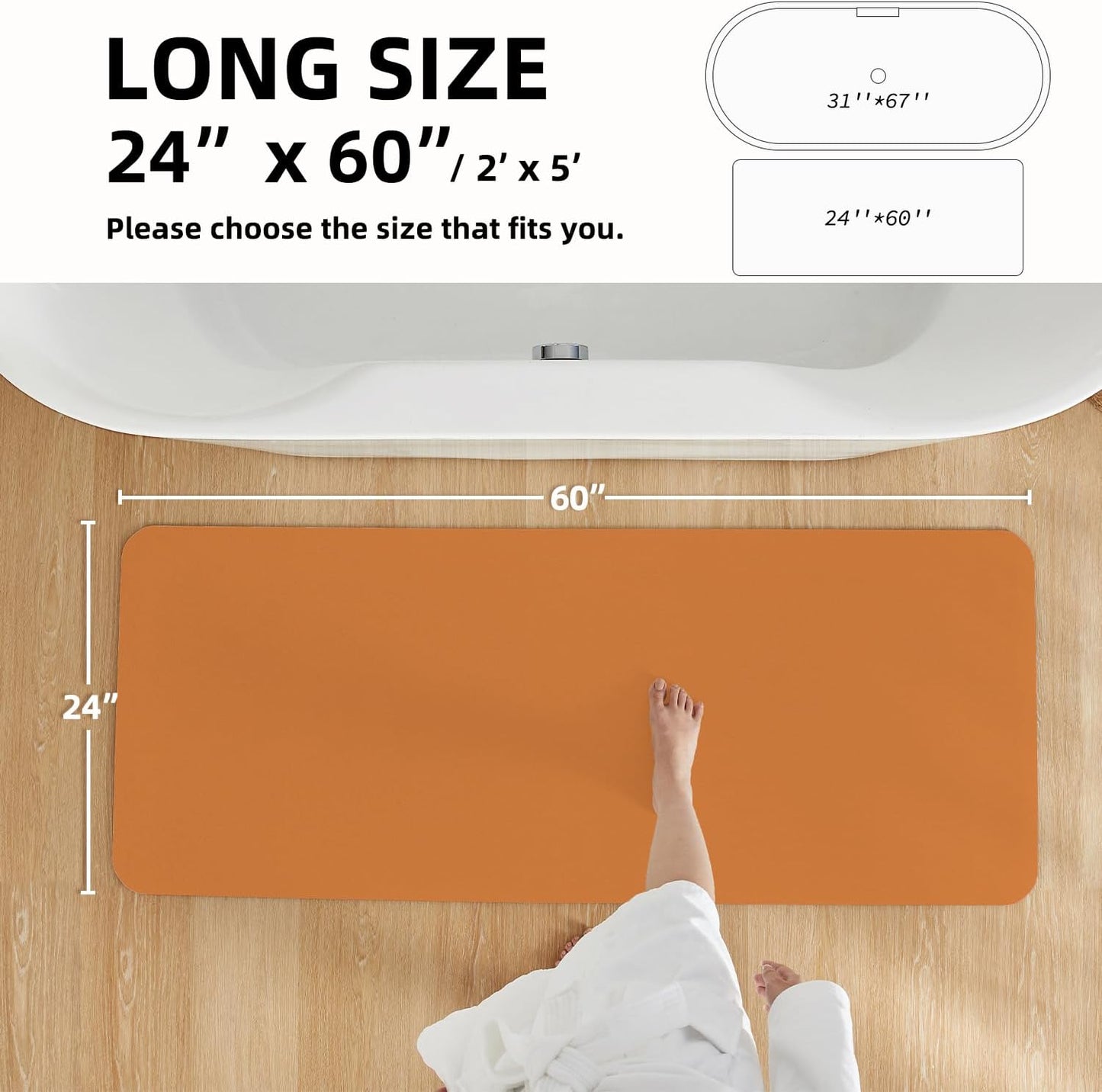 Bathroom Mat Quick Dry, Bathroom Rugs Non Slip Washable Thin Absorbent Bath Mat Fits Under Door Bathroom Floor Mat Perfect for Bath, Shower, or Sink 24"x60" Orange