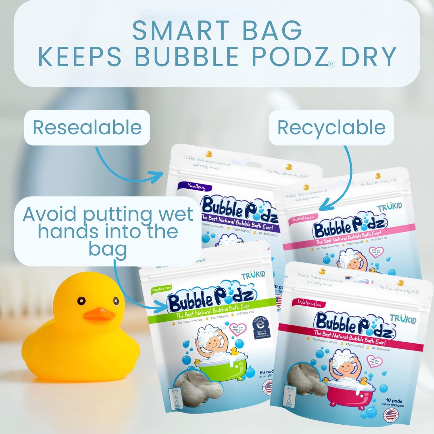 TruKid Bubble Podz Bubble Bath for Kids, Toddlers, & Babies, Tear Free Gentle & Refreshing Bath Bomb for Sensitive Skin with Natural Moisturizers, Non-Toxic, pH Balanced, Strawberry Scent (10 Podz)