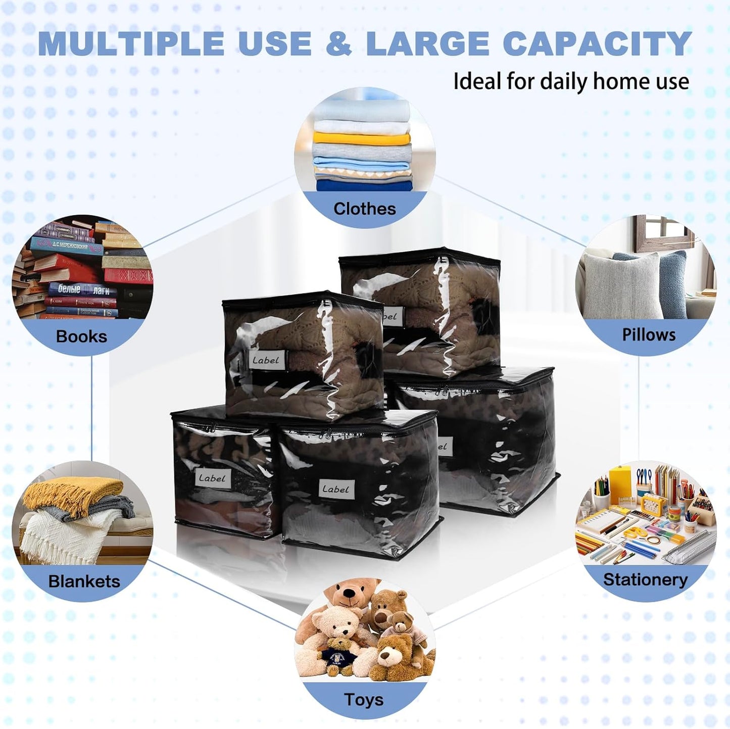 Clear Zippered Storage Bags Plastic Sweater Storage Bags with Zipper 6 Packs Clothing Organizer for Blankets Linen Sweater Bed Sheet Quilt Clothes Pillow (12 x 12 x 12 Inch, Black)