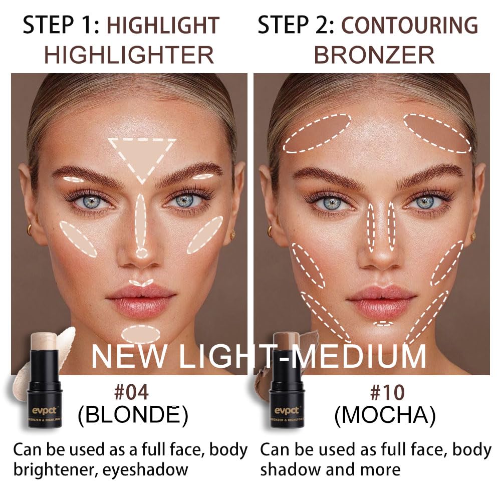 evpct 2Pcs Face Cream Contour Bronzer Sticks Makeup Highlighter Highlight Blonde Mocha Creme Cheek Contour Sticks contorno en crema Bronzing Foundation Face Contour Stick Kit,4+10 New Light-medium