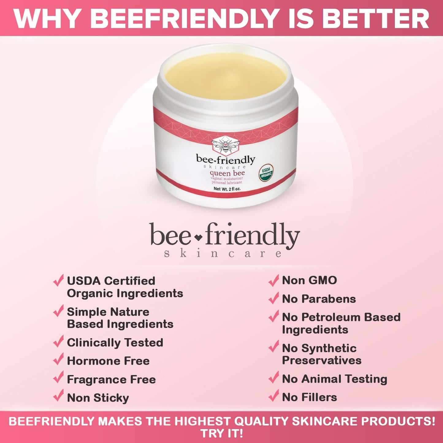 BeeFriendly Organic Vaginal Moisturizer, USDA Certified, Natural Vulva Cream For Dryness, Itching, Irritation, Redness, Chafing Of Vagina Due To Menopause & Thinning 2 oz