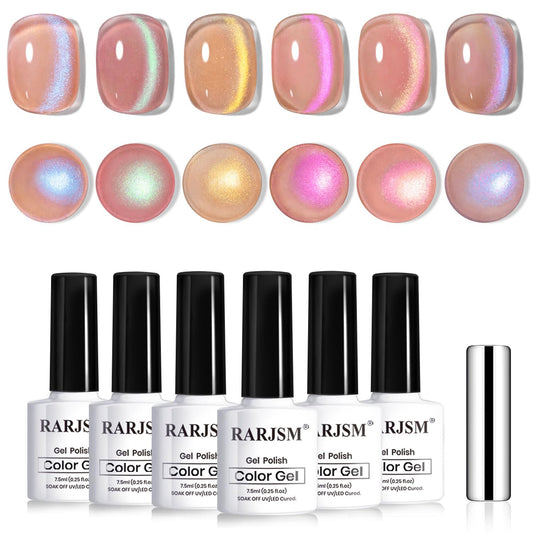 RARJSM Aurora Glitter Cat Eye Gel Nail Polish Set 6Pcs Nude Pink Light Purple Gold Brown Green Blue Galaxy Mermaid Glitter Cateye Gel Polish with Magnetic Stick UV LED Curing Require Home Salon