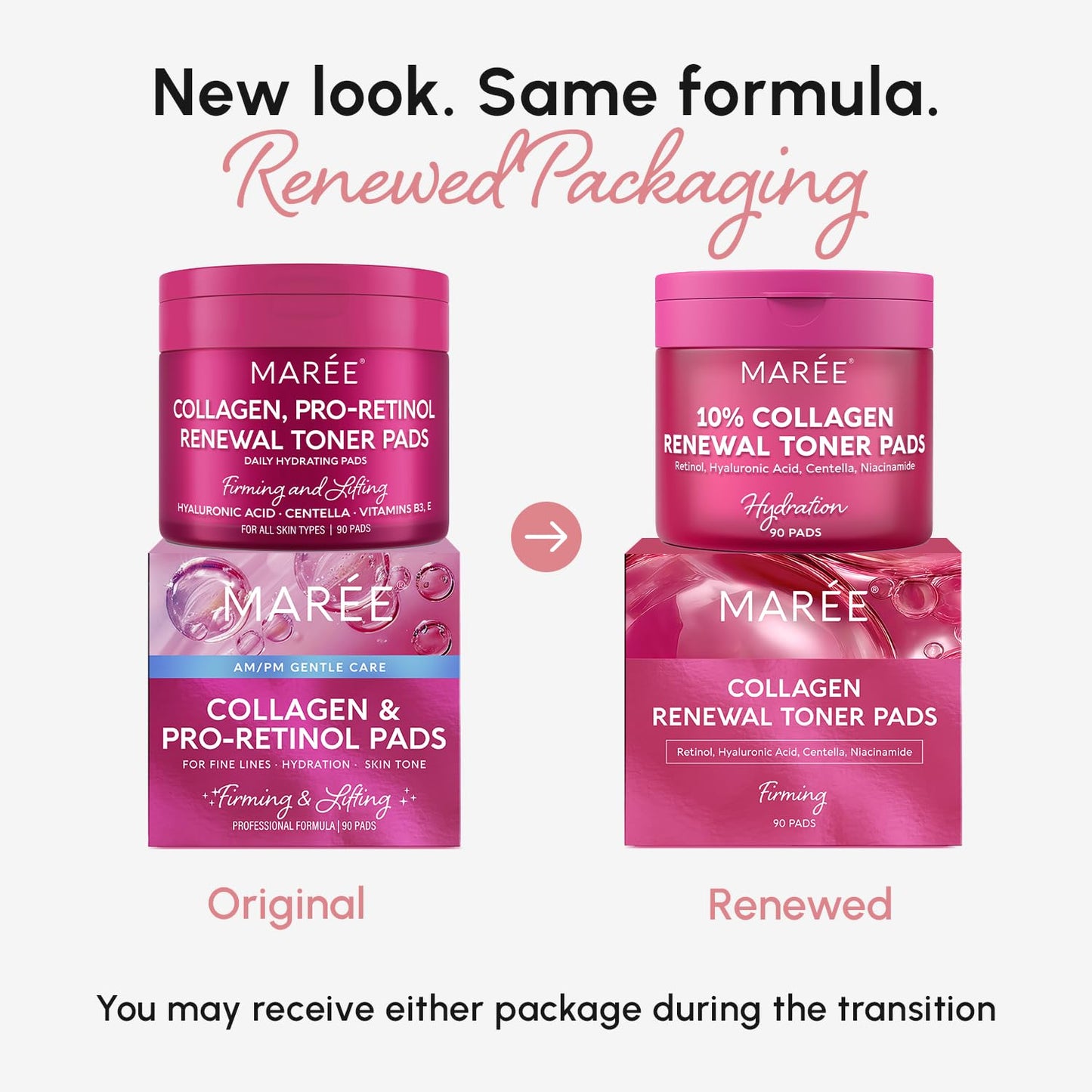 MAREE Collagen Acne Clearing Polishes - Toner Pads with Retinol - Minimizing Wrinkle Zero Pore Pads - Hydrating Toning Collagen Pad with Retinol & Centella Device - Anti Aging Brightening Wipes