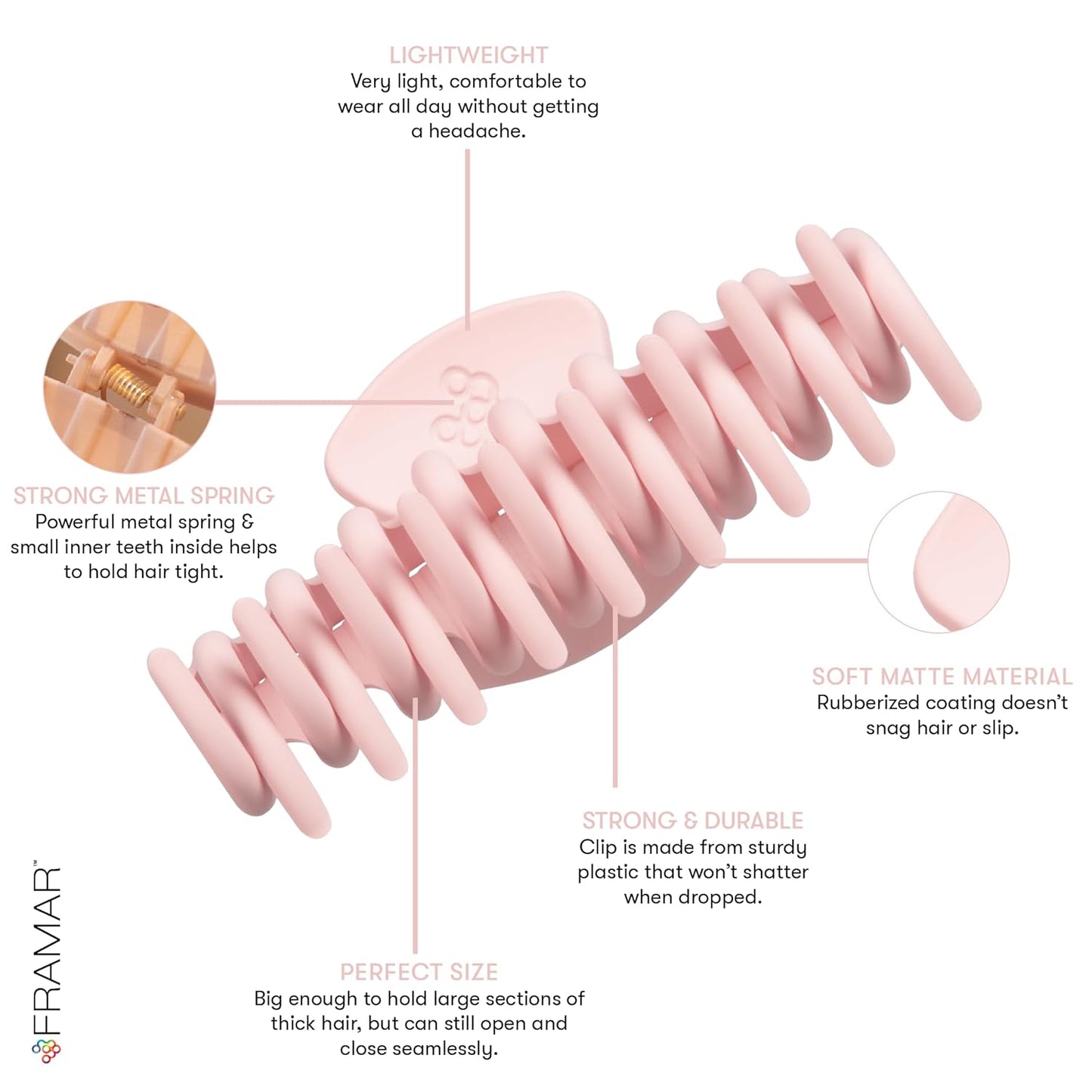 FRAMAR Large Claw Clips For Thick Hair – Large Hairclip Thick Hair, Big Hair Claws Clip For Women, Pink Hairclips, Pink Claw Clip - 4 Pack Non Slip Matte Finish