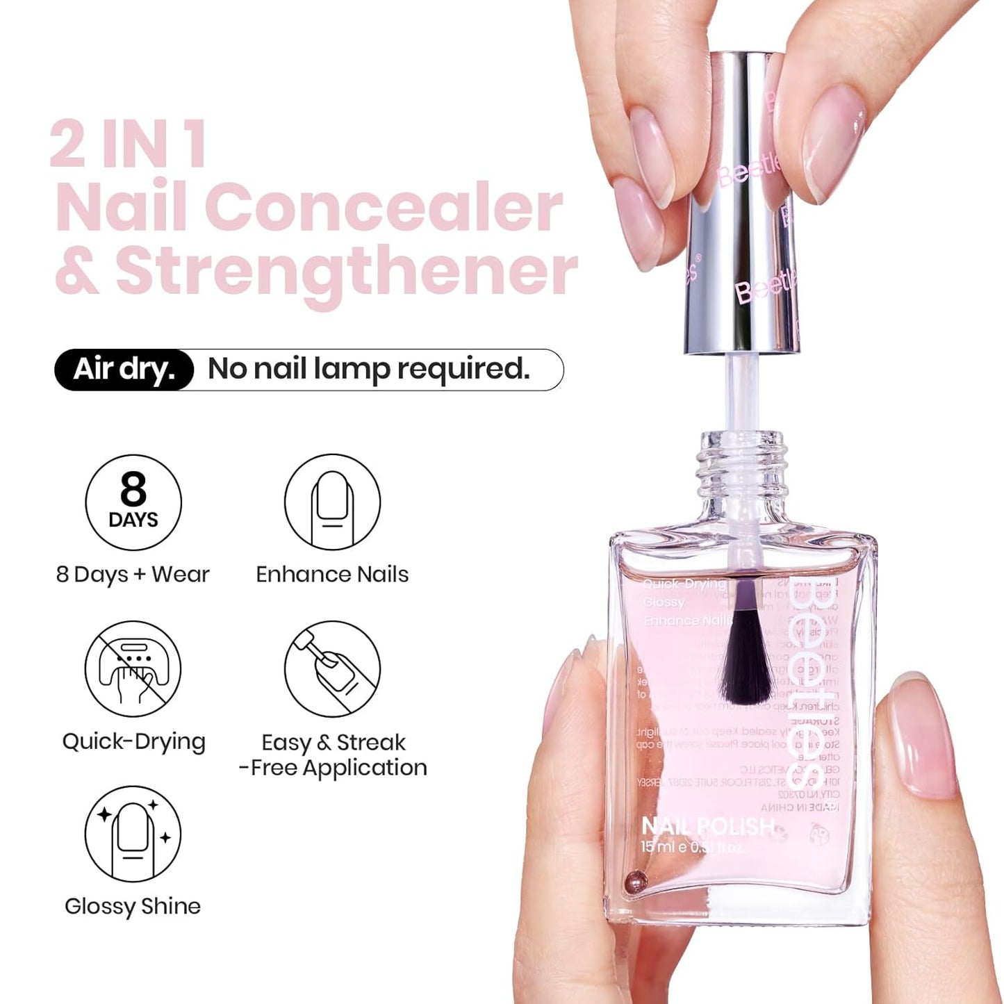 Beetles Nail Strengthener - Pink Shine Nail Concealer Air Fast Dry Natural Nail Hardener and Growth Treatment for Thin Damaged Nails Imperfection Masking 15ML Gifts for Women
