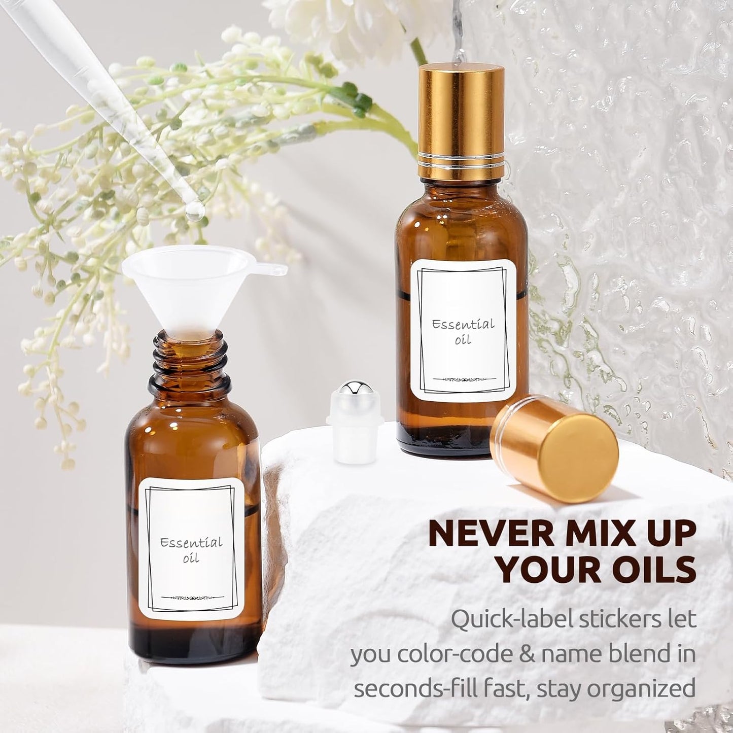 4-Pack 1 oz (30ml) Amber Glass Roller Bottles for Essential Oils | Refillable Roll-On with Stainless Steel Rollers | Leakproof, UV Protection