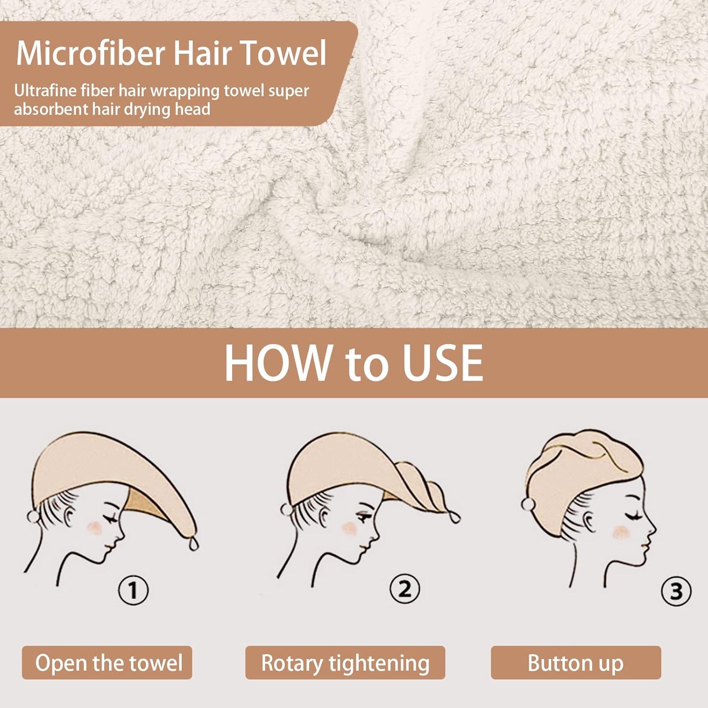 3 PCS Microfiber Hair Towel - Wraps for Wet Hair, Anti Frizz Turbans, for Curly Hair (Beige, Khaki, Grey)