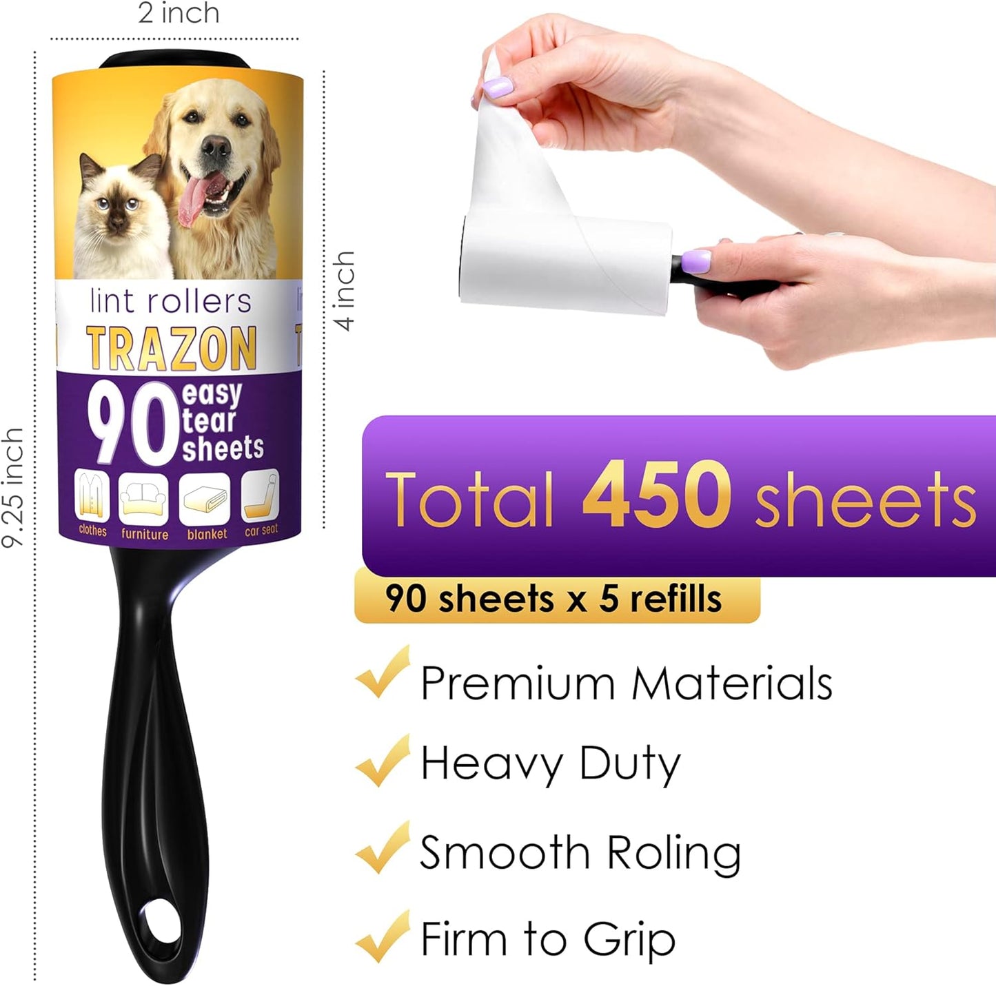 Lint Rollers Value Pack of 450 Sheets / 5 Refills, Sticky Roller, Lint Remover for Dog, Cat, Pet Hair, Lint Rollers for Clothes, Carpet, Couch, Furniture, Car Seats White