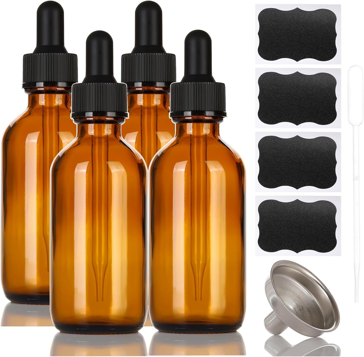 2 oz Amber Glass Dropper Bottles,4 Pack 60ml Empty Reusable Leak Proof Thick Tincture Bottles for Essential Oils,Hair Oil,Liquids,Laboratory,Pharmacist Bottle,Massage,Perfumery Aromatherapy