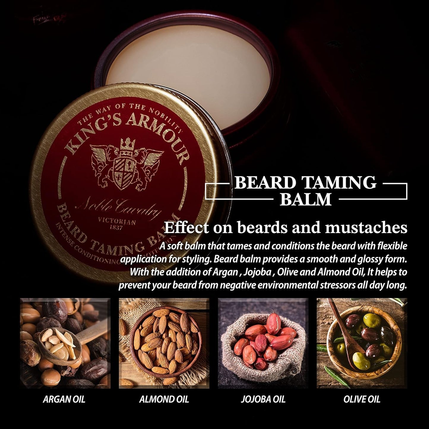 King's Armour Luxury Beard Balm for Men | Argan, Jojoba & Almond Oil | Shape, Soften & Moisturize with Noble Precision | 50ml Premium Grooming Balm - 50 ml (1.69 Fl Oz)