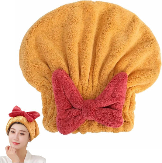 Ultra Absorbent Hair Quick Drying Towel for Women Girls New Microfiber Hair Towel Wrap Dry Turban Soft Bow Tie Plopping Head Towels Shower Cap for Kids (Yellow)