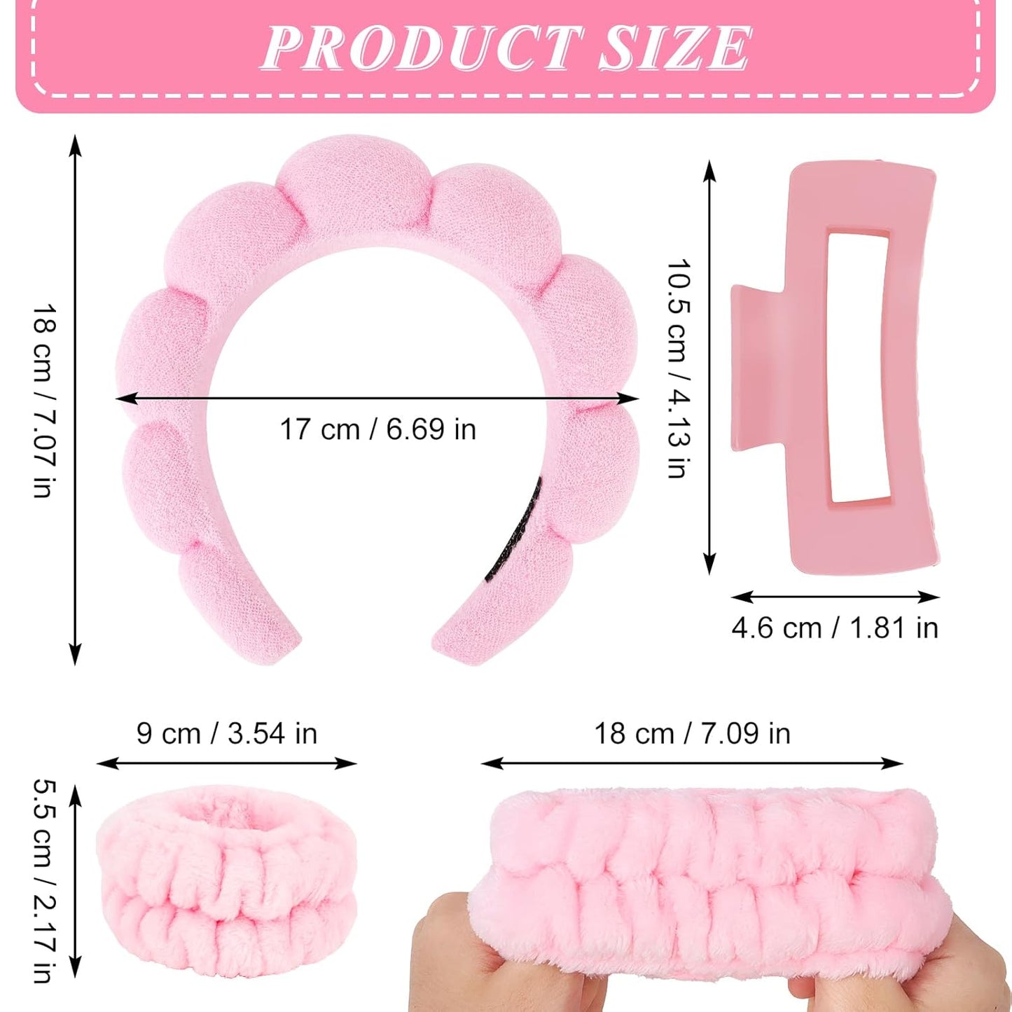 Wecoe Pink Blue Spa Headband And Wristband Set Skincare Headband For Washing Face Hair Claw Clips For Thick Hair Cute Puffy Sponge Bubble Makeup Hairband Wrist Towels Scrunchies For Women Girls