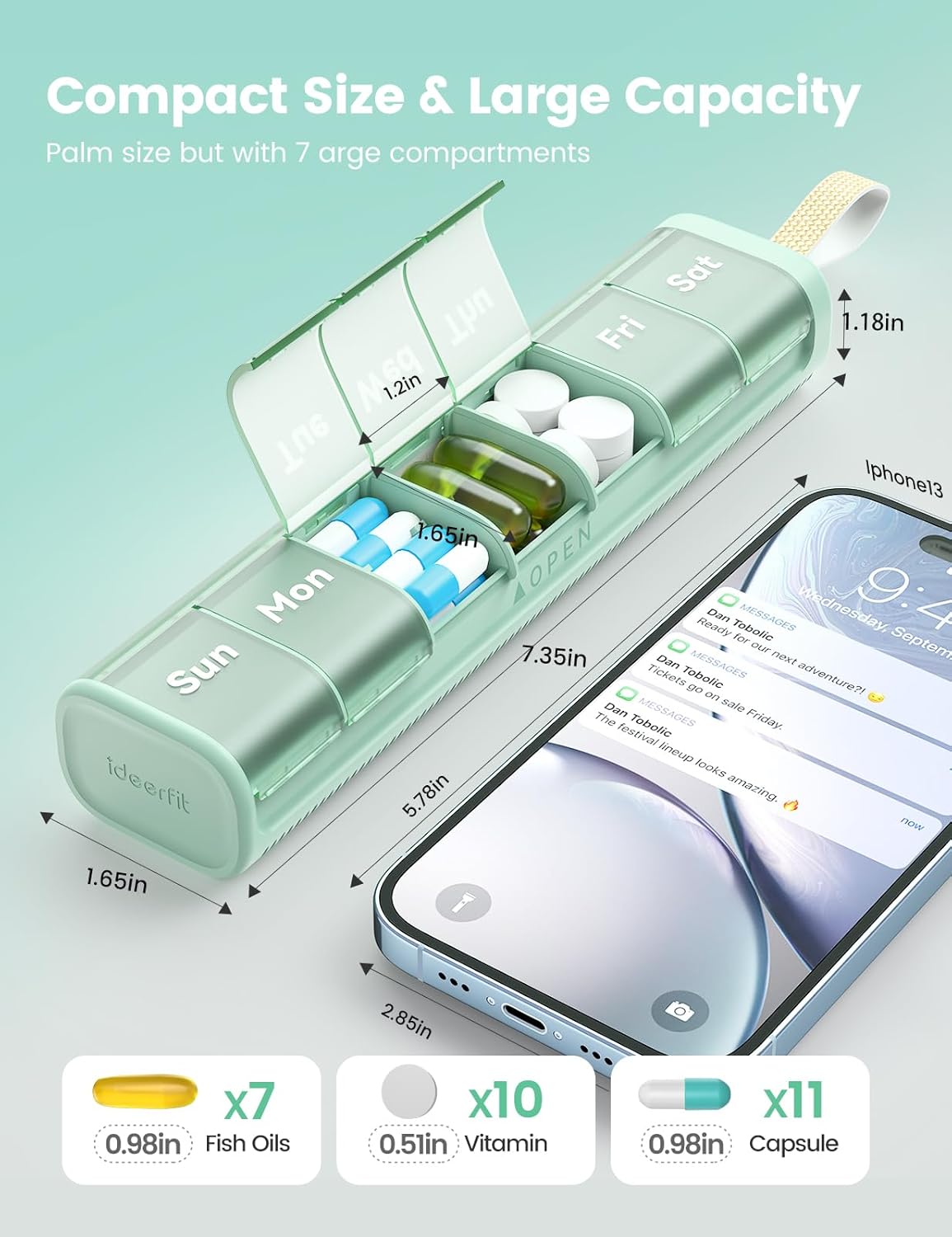 Weekly Medicine Pill Organizer, 7 Day Daily Pill Box Case Travel with Portable Handle, Moisture-Proof Desiccant & Secure Hinges for Vitamins, Medication Supplements