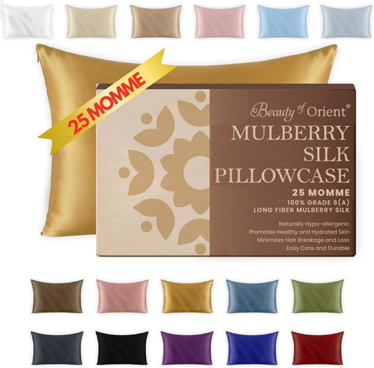 Silk Pillowcase, 25 Momme, Hidden Zipper, Premium Handcrafted Mulberry Silk Pillow Cases, Hypoallergenic Cooling Pillow Covers, Golden Honey, Standard - 20" x 26"