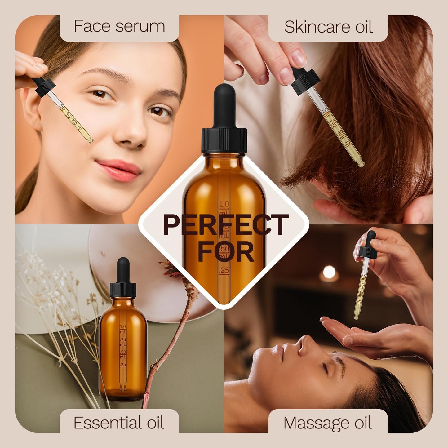 Bumobum 48 Pack, 2 oz Amber Glass Dropper Bottle with Measured Eye Dropper, 1 Funnel, 1 Pipette, 48 Labels, Tincture Bottle with Glass Eye Dropper - Leakproof Essential Oils Bottles