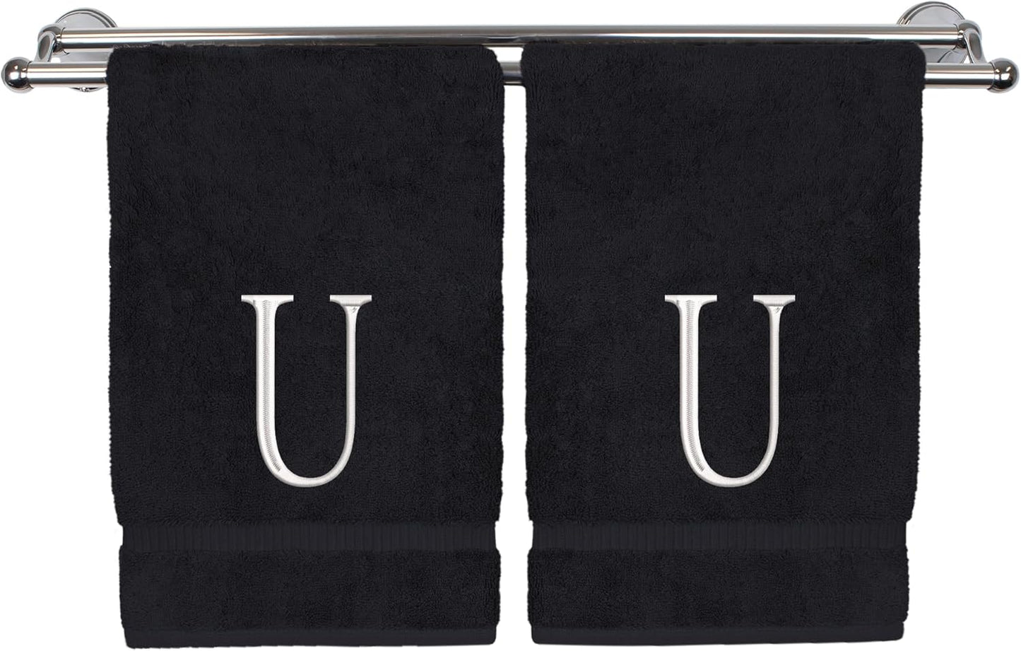 Monogrammed Hand Towel, Personalized Initial Gift, Extra Absorbent 100% Turkish Cotton - Soft Terry Finish - Set of 2 - White Block Initial U - Embroidered on Black Towels