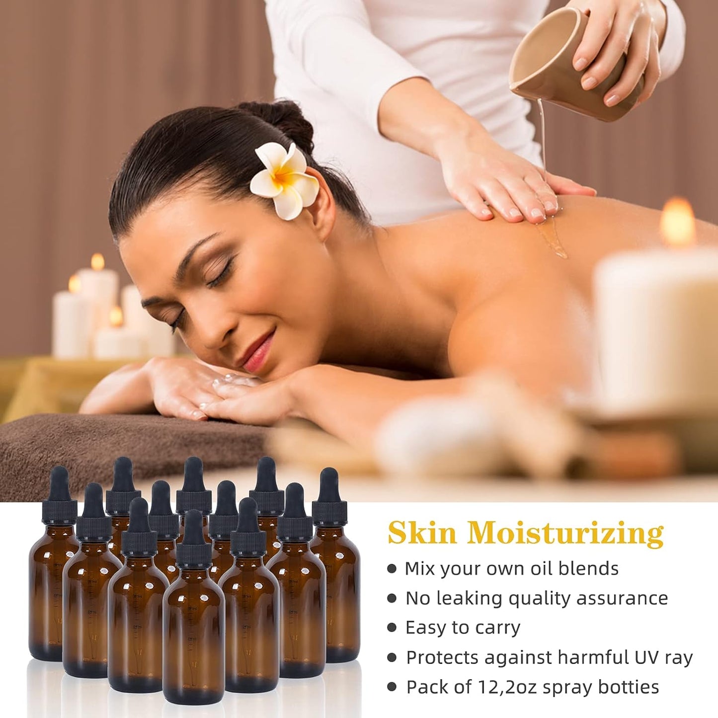 2 oz Dropper Bottle 12 Pack Amber Glass Boston Bottles 30ml with Eye Droppers Black Caps for Essential Oils, Perfume, Leak Proof Travel Bottles for Liquids