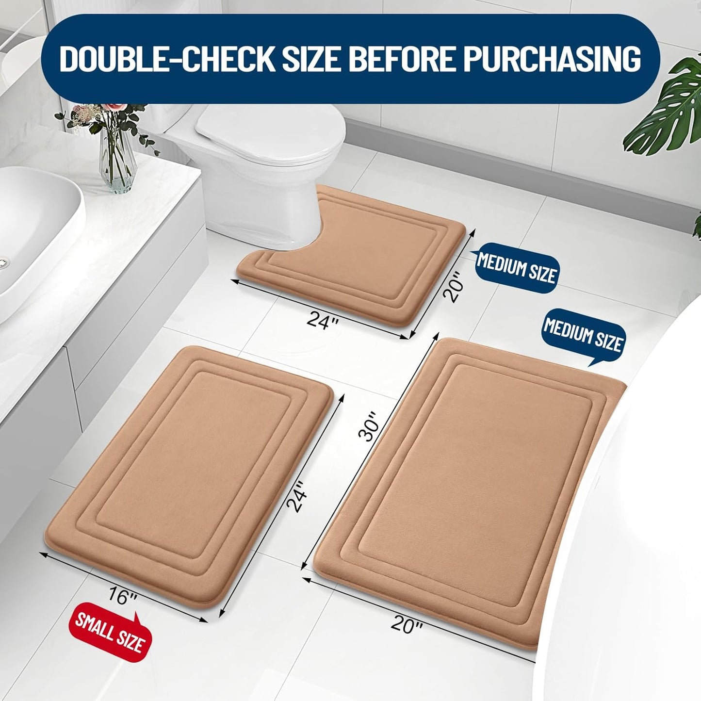 Grandaily Memory Foam Bath Mat Rug 24x16, Ultra Soft, Non-Slip and Absorbent Bathroom Rugs, Machine Wash Dry, Comfortable Bath Carpet for Bathroom Floor, Tub and Shower, Dark Beige