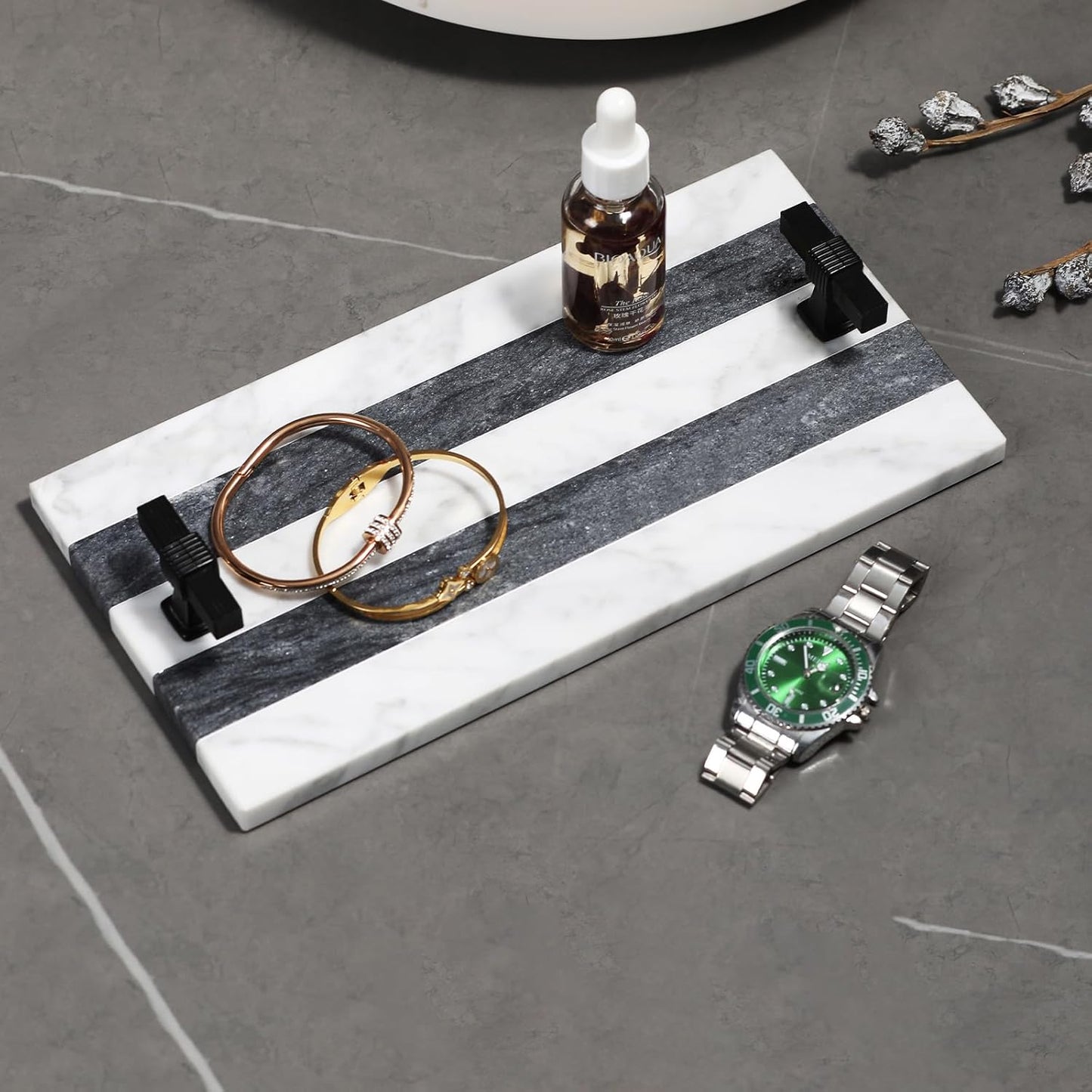 Decorative Marble Hand Towel Holder for Bathroom Disposable Paper Towels Tray Guest Towels Holder Formal Dinner, Guestrooms and Restrooms Marble Tray Vanity Tray Black Color Handle