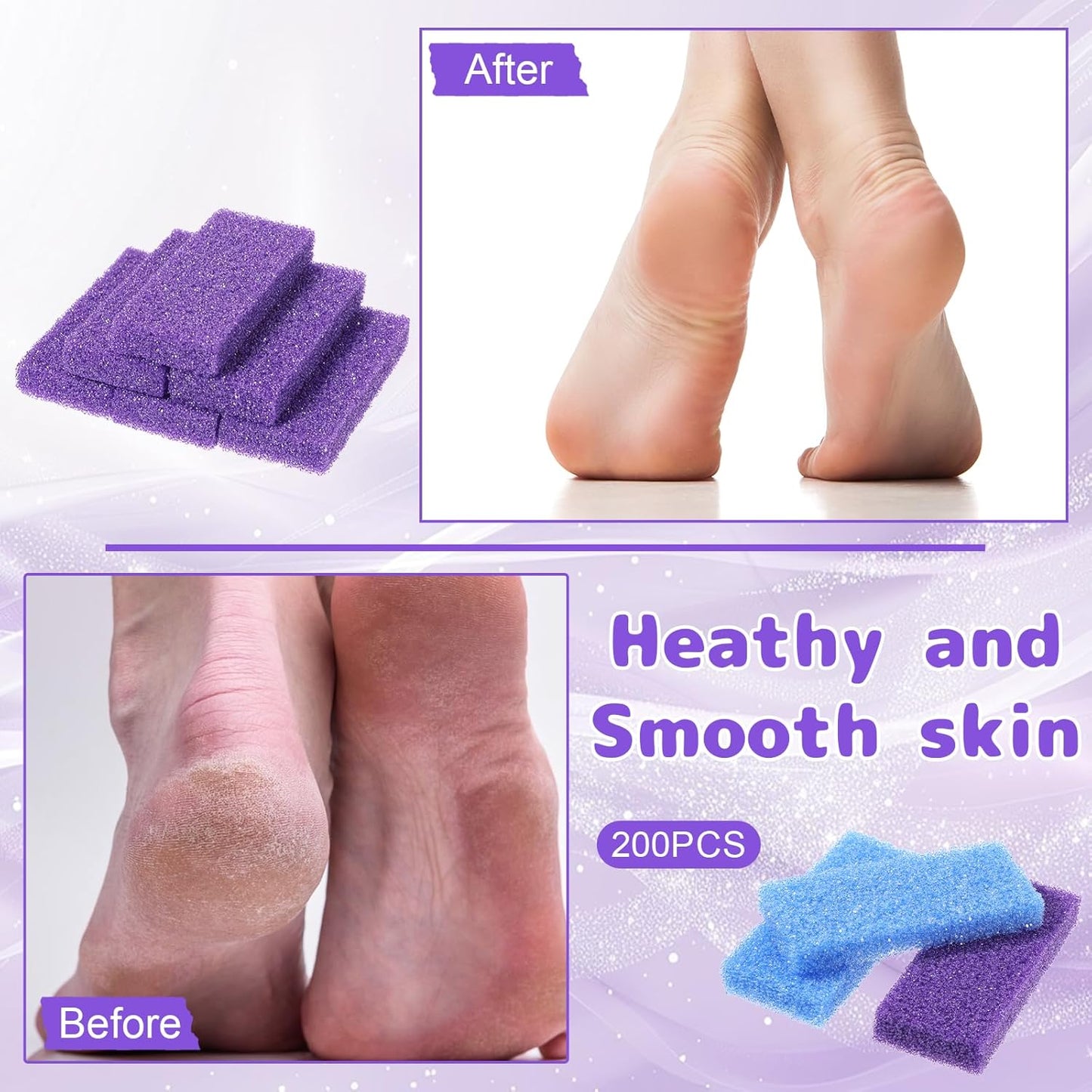 200 Pcs Disposable Foot Pumice Stone Bulk, Foot Scrubber Pumice Pads for Dead Skin Foot Callus Remover Bath Spa, 3.54 x 1.77 x 0.47 Inch(Purple, Blue)