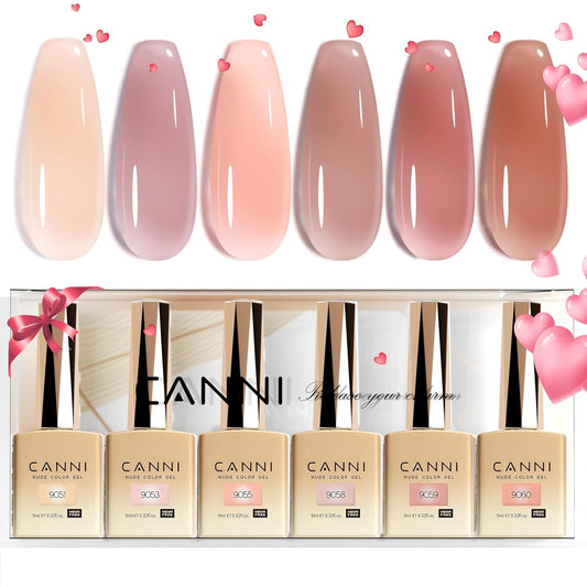 CANNI 6pcs 9ml Jelly Nude Pink Gel Nail Polish Set- Neutral Transparent Pink Colors Gel Polish Kit, Soak Off LED Nail Gel Manicure Kit DIY at Home Salon Gifts for Women Girls