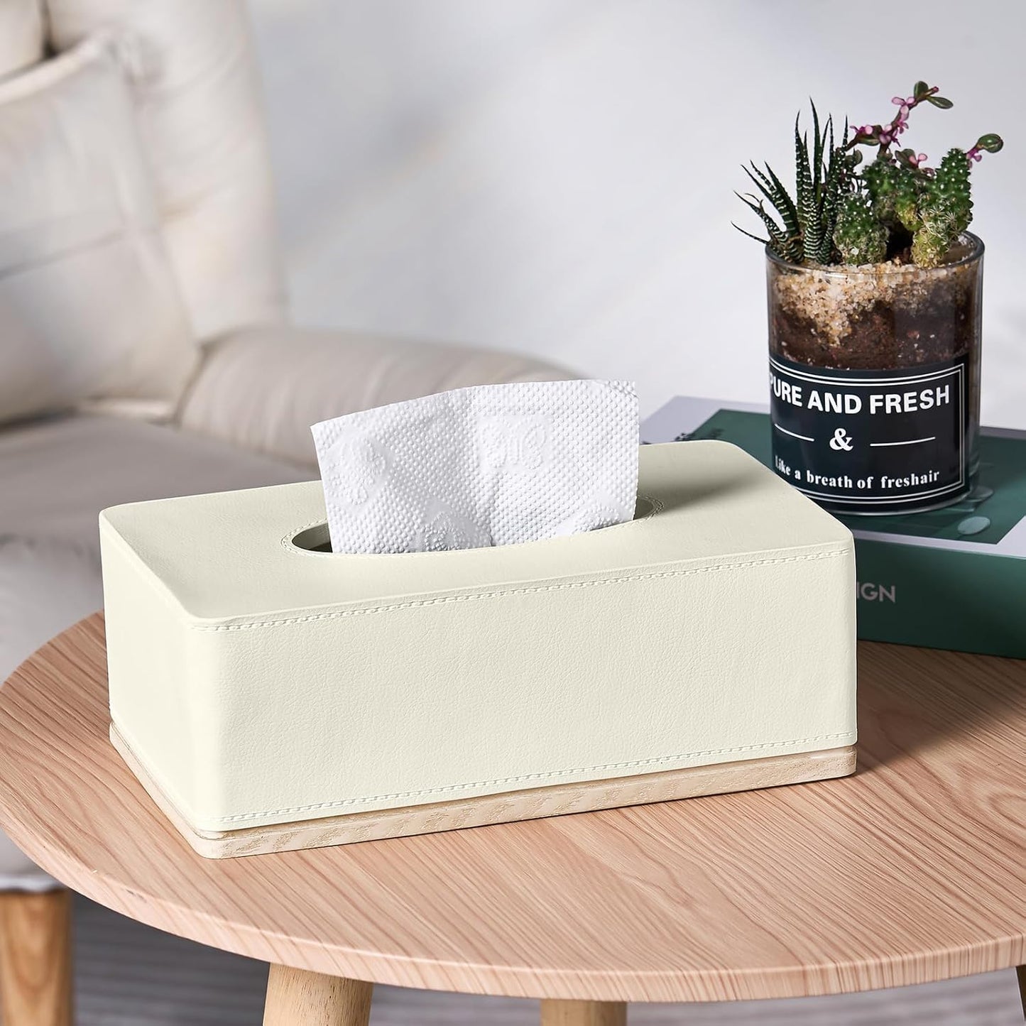 Rectangular Tissue Box Cover for Bathroom,Livingroom,Bedroom, Hand Carved Leather Resin Tissue Box Holder,10 x 5.7 x3.7 in, Beige
