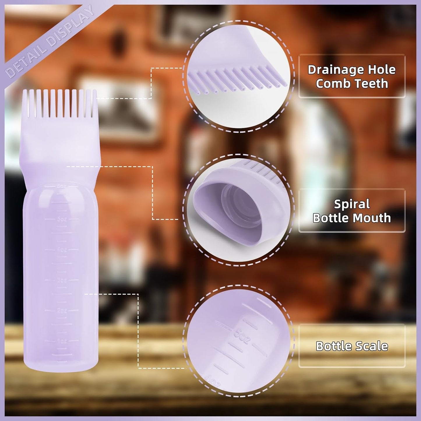 BLAAROOM Root Comb Applicator Bottle 6 Ounce, 4 Pack - Hair Oil Applicator with Root Comb Brush for Scalp Hair Oiling - Purple