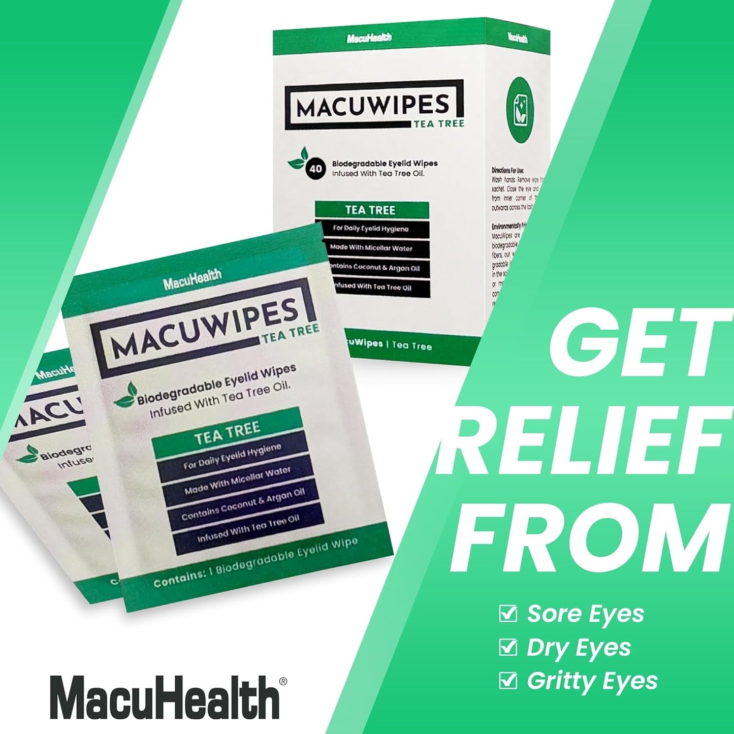 MacuHealth MacuWipes Tea Tree - Pre-Moistened Eyelid Wipes for Dry Eyes, Blepharitis & Sore Eyes, Eye Makeup Remover, Rinse-Free Formula with Tea Tree & Coconut Oil, Individually Wrapped - 40 Count