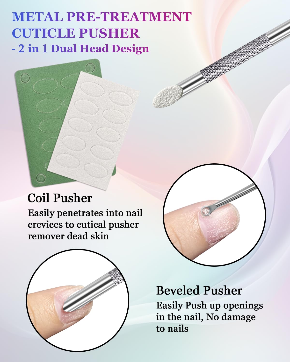 Loop Cuticle Pusher, Pre-treatment Cuticle Pusher, Stainless Steel Round Cuticle Pusher with 100#/240# Grit Nail Files and 1p Storage Bags, For Salon & Home Use