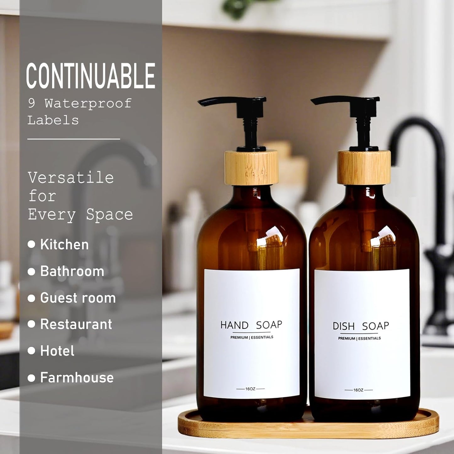 Luxury Glass Soap Dispenser Set - 2 Refillable 16.9oz Bottles, Bamboo Pump & Tray for Farmhouse & Modern Decor, 9 Waterproof Labels for Kitchen/Bathroom (Amber Bottle+Black Bamboo Pumps+Tray)