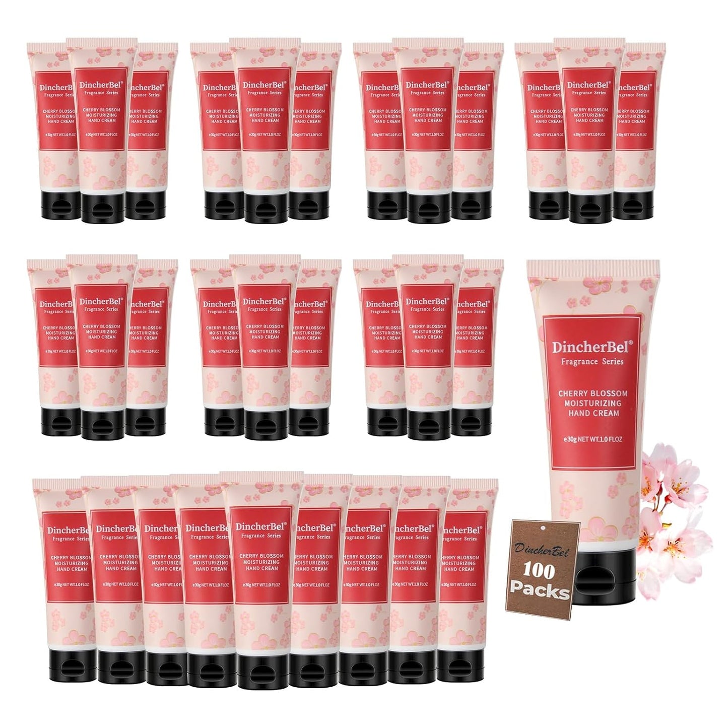DincherBel 100 Pack Cherry Blossom Moisturizing Hand Cream Set - Travel Size Non-Greasy Hand Lotion Set for Dry Skin, Instant Moisturizing Hand Cream for Women, 1.0 oz/30 ml