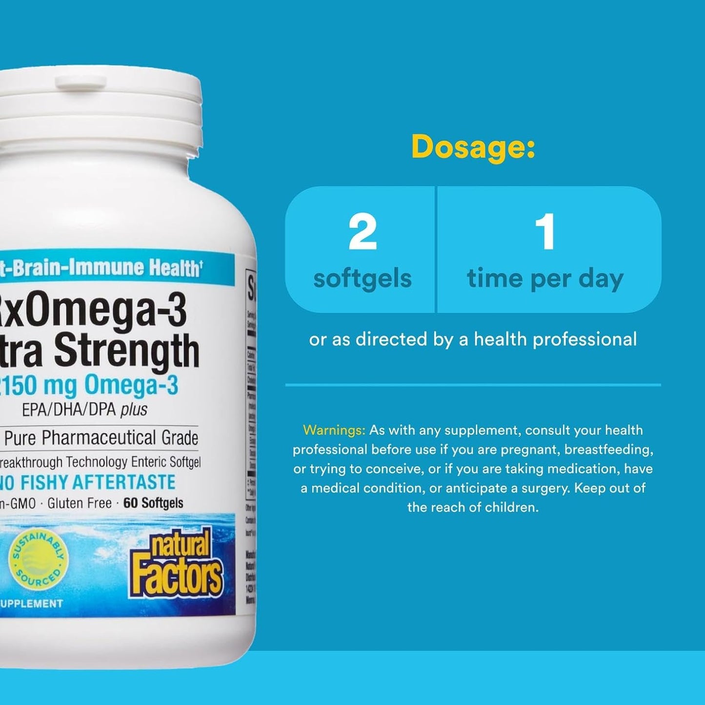 Natural Factors RxOmega-3 Ultra Strength Fish Oil with Vitamin D3, High Potency Formula, 2,150 mg, No Fishy Aftertaste, 60 Softgels