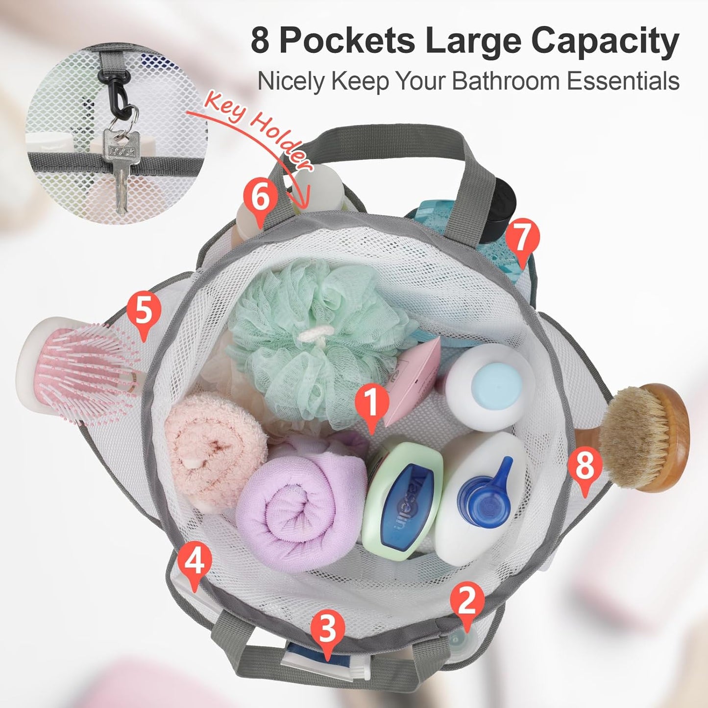 F-color Mesh Shower Caddy Portable with Drawstring - Upgrade Deeper 7 Pockets Dorm Room Essentials for Guys Girls with S Hook, Shower Bag Basket Tote for College Camping Toiletry Bathroom, White