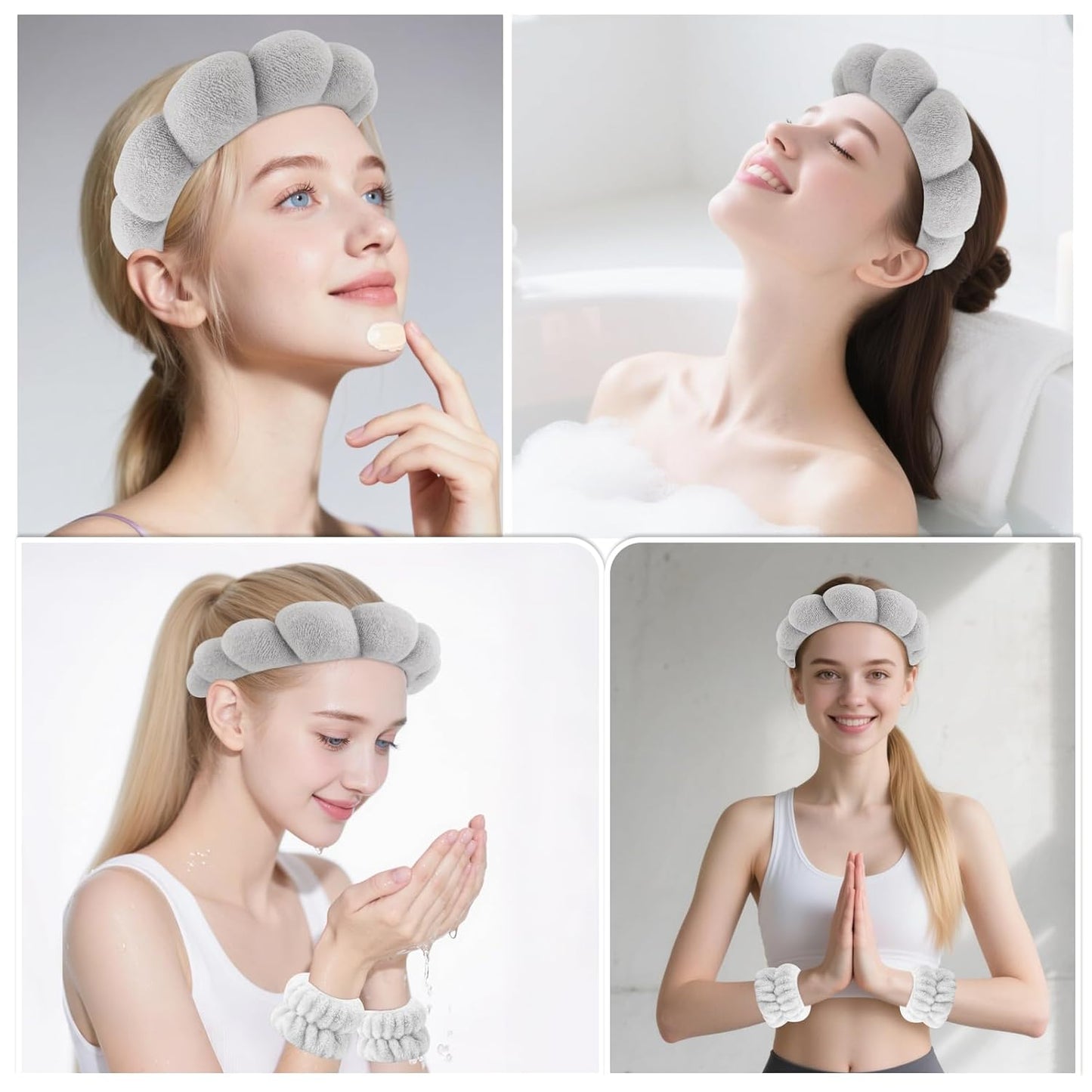 Zkptops Spa Headband for Washing Face Wristband Set Sponge Makeup Skincare Terry Cloth Bubble Soft Get Ready Hairband for Women Girl Puffy Padded Headwear Non Slip Thick Hair Accessory(Grey-2)
