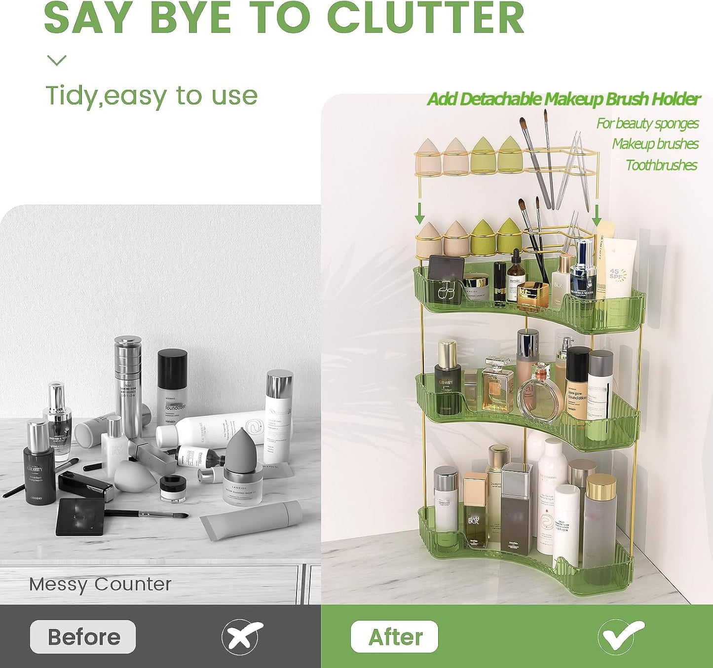 NATURE'S SOURCE Makeup Organizer for Vanity, 3-Tier Corner Bathroom Organizer Countertop with Makeup Brush Holder, Corner Counter Storage for Bathroom Dresser- Green