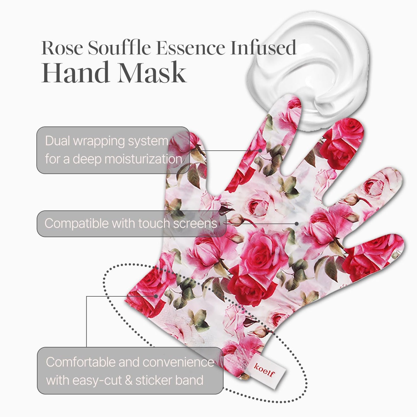Koelf Rose Petal Satin Hand Mask (10pairs) - Intensive Nourishing, Moisturizing Gloves, Rose Scented Hand Repair Masks with Peptide, Collagen, Shea Butter for Silky Smooth Skin, Hand Treatment