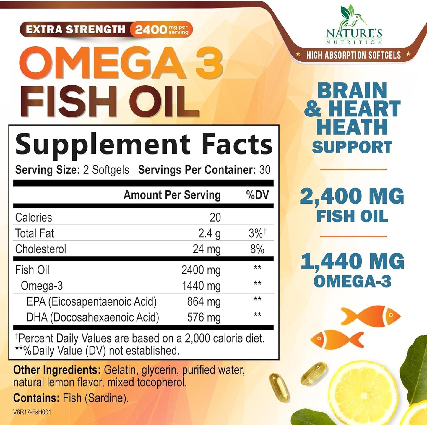 Omega 3 Fish Oil 2400 mg – Triple Strength EPA & DHA Fatty Acids for Heart, Brain & Joint Support – Wild-Caught, Burpless, Lemon Flavor Supplement – Natural, Non-GMO, Gluten-Free – 60 Softgels
