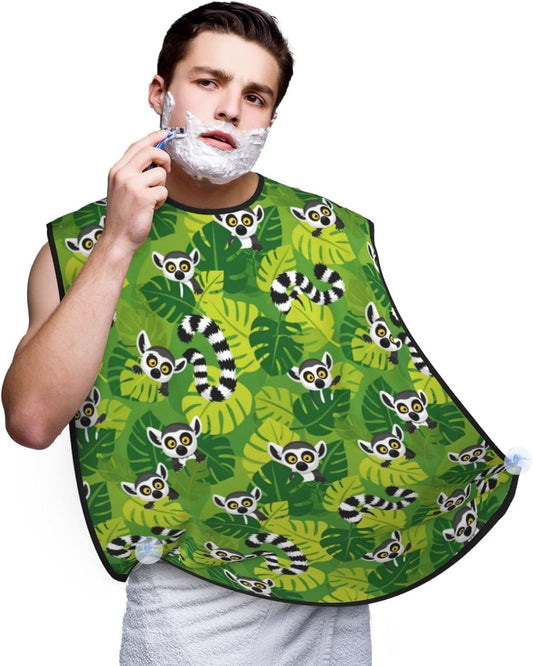 Waterproof Beard Trimming Bib, Non-Stick Hair Catcher for Men Shaving, Grooming Apron for Husband Dad, Tropical Green Leaves Exotic Jungle Animal Lemurs Monkey Shave Bib
