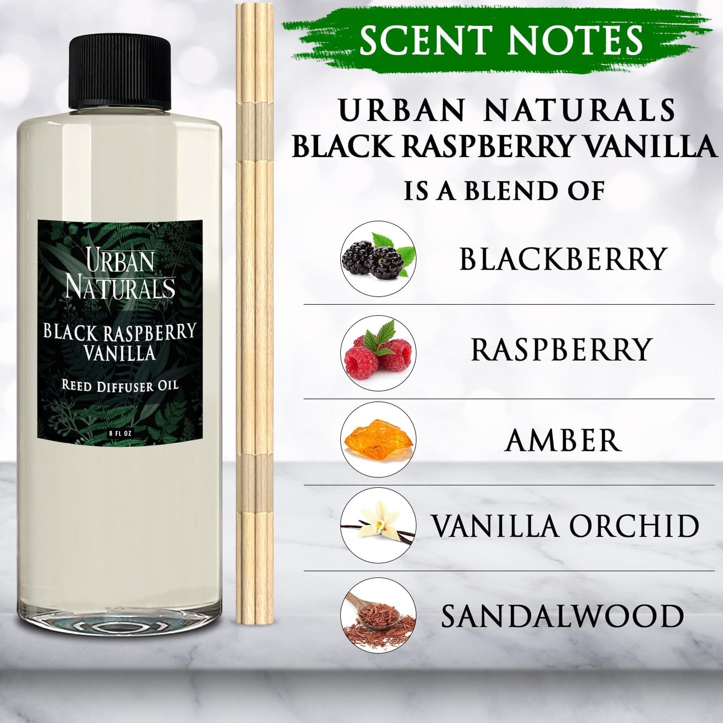 Urban Naturals Reed Diffuser Oil Refill Black Raspberry Vanilla with BlackBerry, Raspberry, Vanilla Orchid, Amber, Sandalwood 8 oz + Free Reed Sticks, Made in The USA
