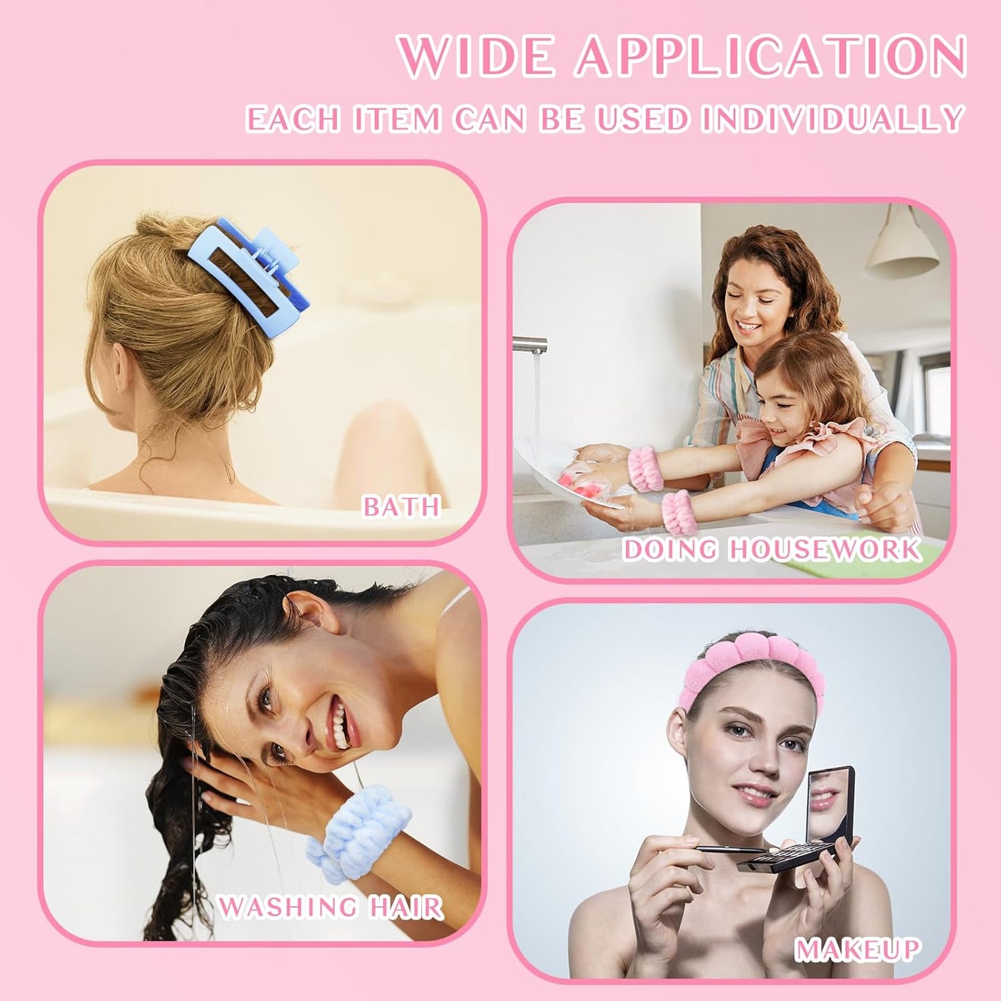 Wecoe Pink Blue Spa Headband And Wristband Set Skincare Headband For Washing Face Hair Claw Clips For Thick Hair Cute Puffy Sponge Bubble Makeup Hairband Wrist Towels Scrunchies For Women Girls